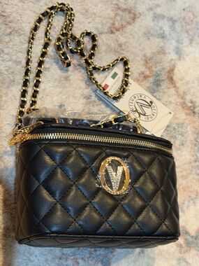 Valentino Orlandi Quilted Black Crossbody Bag with Gold Chain - V Logo